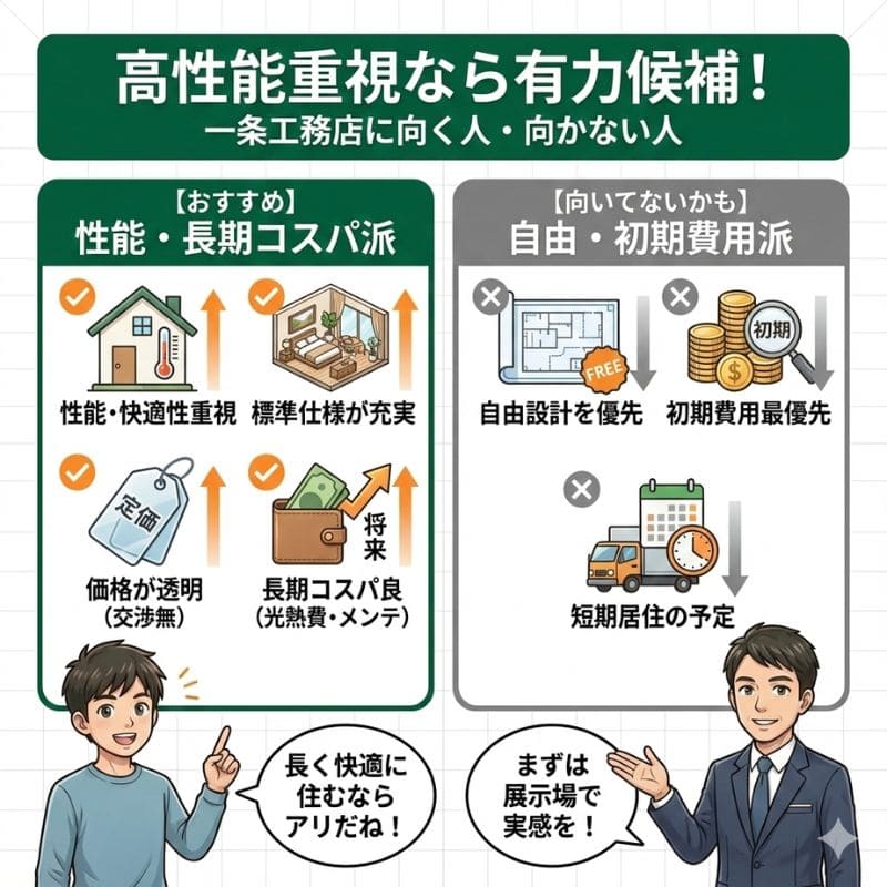 一条工務店に向く人・向かない人の特徴まとめ図。