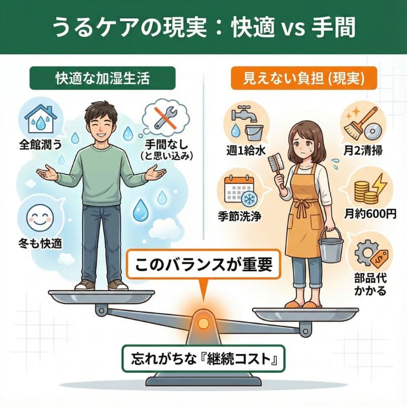 一条工務店うるケアの快適さと手間を天秤で比較する図