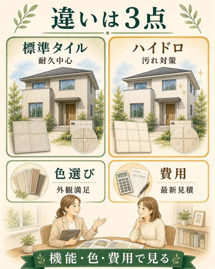 標準タイルとの機能や色や費用の違いを示す比較図