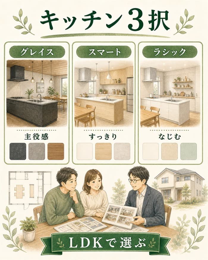 一条工務店のキッチン3シリーズを特徴別に比較した図解