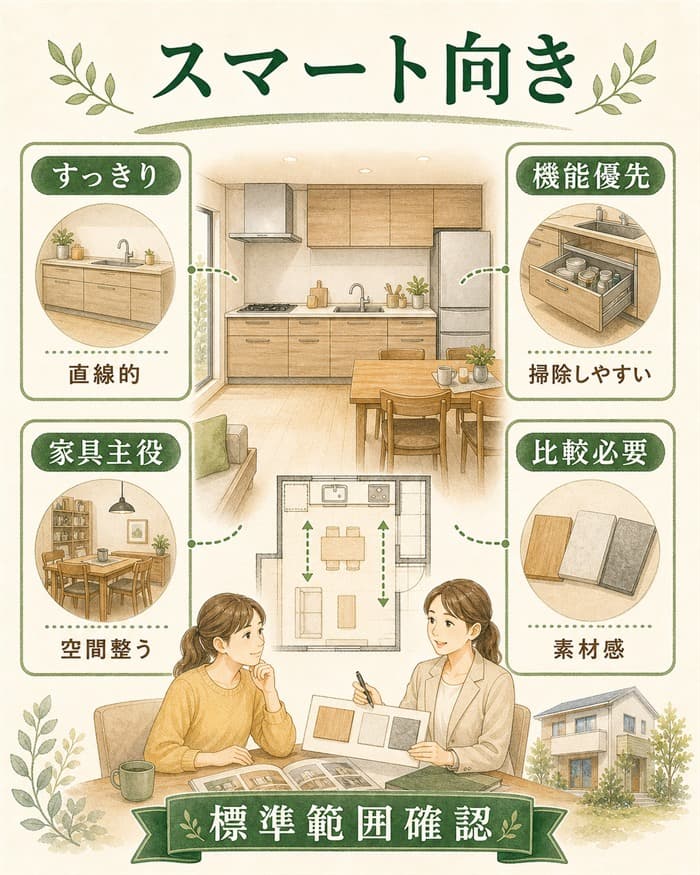スマートキッチン向きの暮らしと確認点の図解