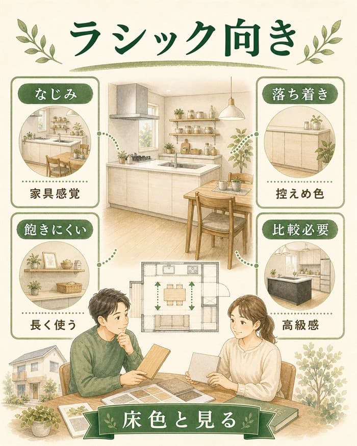 ラシックキッチンの相性と床色確認を示す図解
