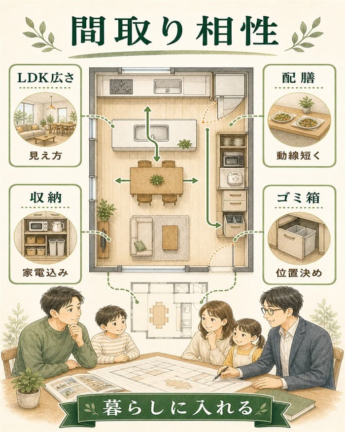 キッチンを間取りと家事動線に入れて考える図解