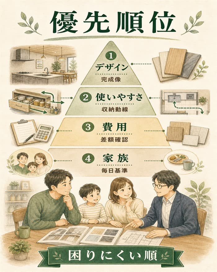 迷ったときのキッチン選びの優先順位を示す図解