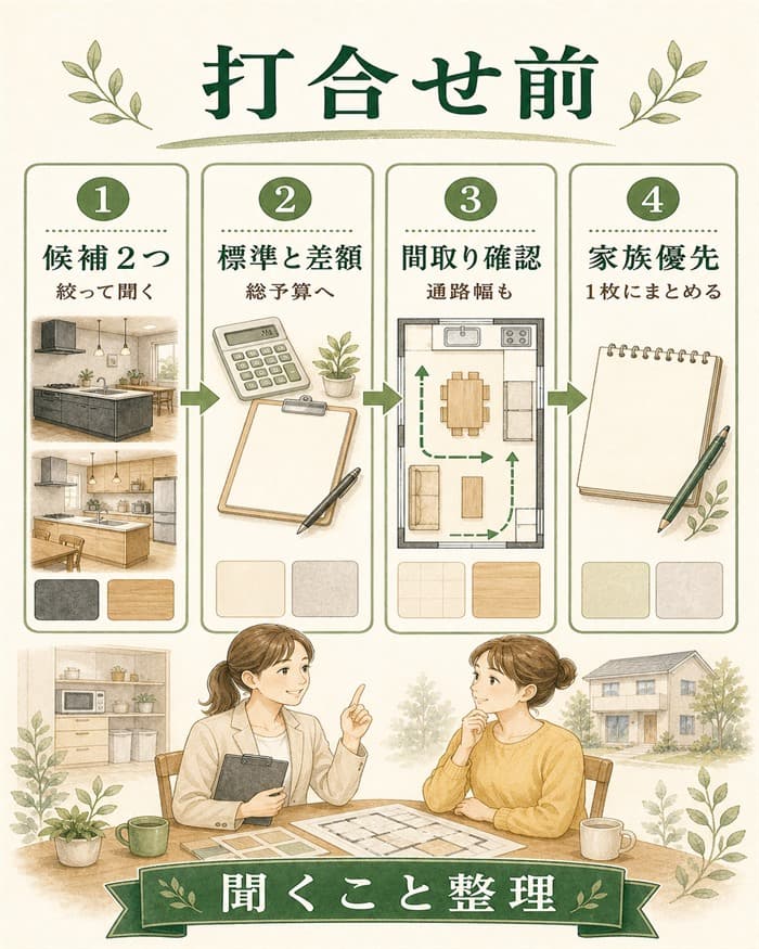打ち合わせ前に確認するキッチン項目の手順図