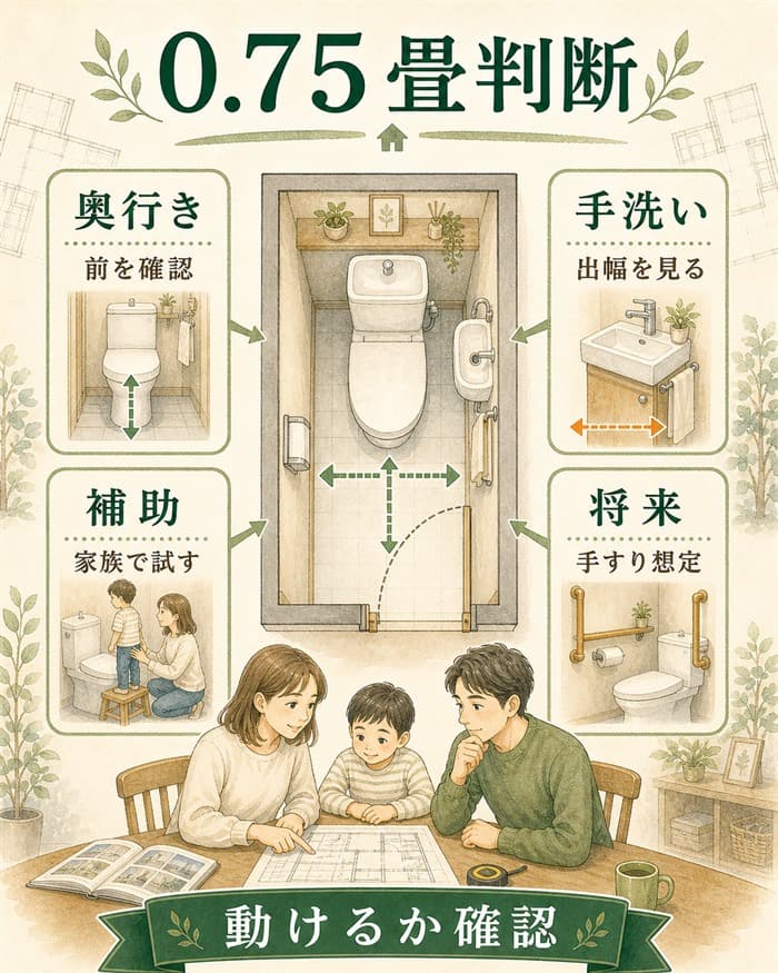 0.75畳トイレの動作スペースを判断する図解
