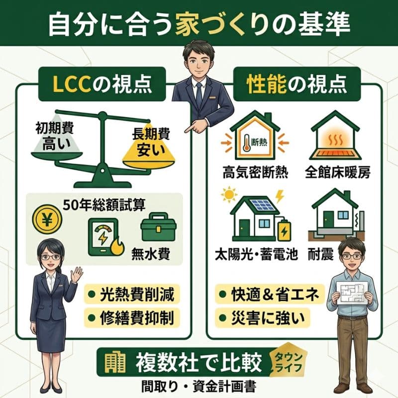 一条工務店などの家づくり基準：LCCと性能の視点で複数社比較。