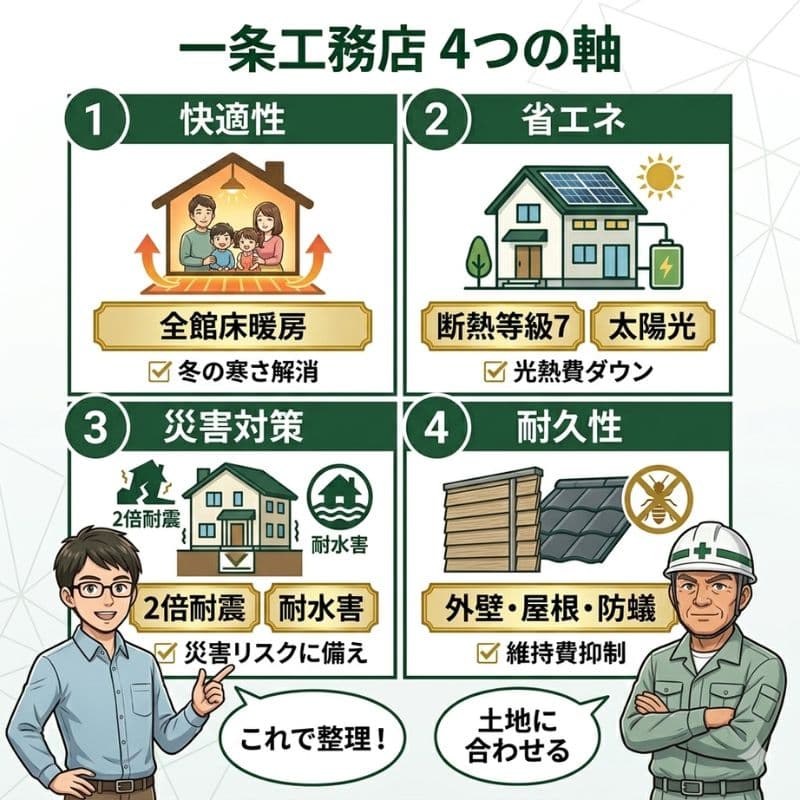 一条工務店の4つの軸（快適、省エネ、災害、耐久）を解説したインフォグラフィック。