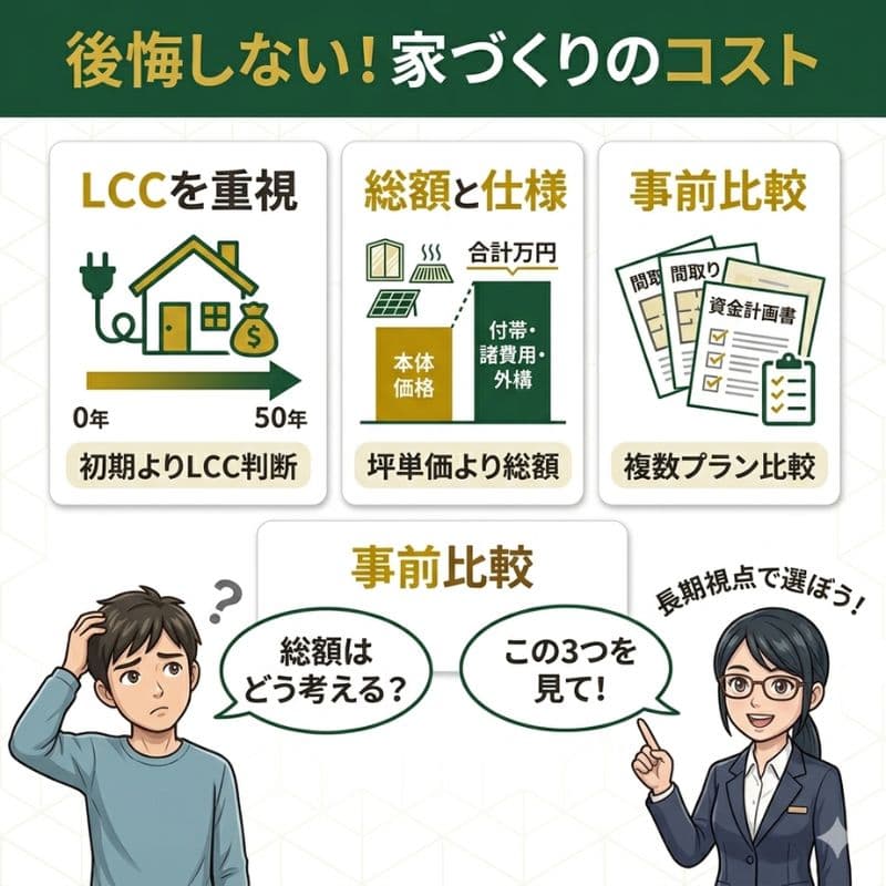 一条工務店など家づくりコスト3つのポイント。長期視点、総額、事前比較。