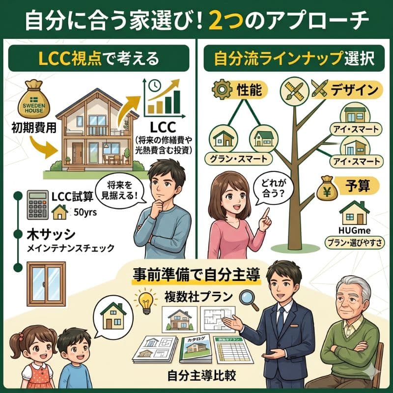 LCCとラインナップで決める、一条工務店を含む自分に合う家選びの解説図