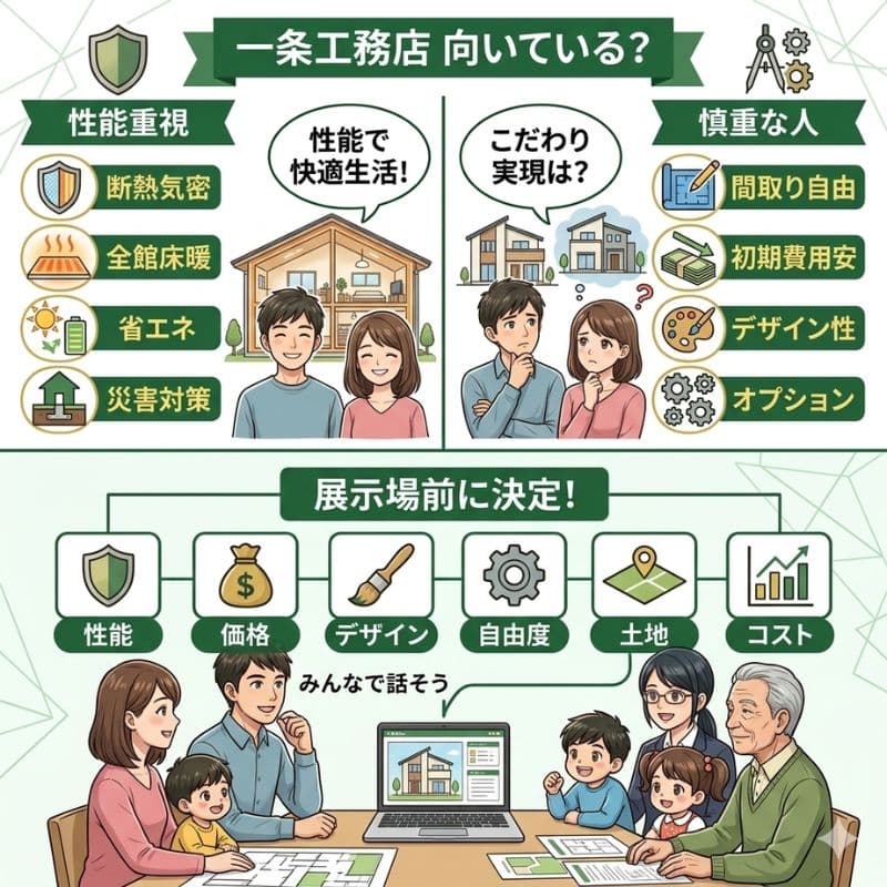 一条工務店の性能・コスト・自由度の比較と展示場前の事前準備の図