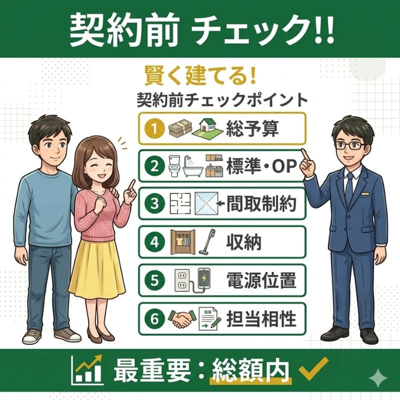 一条工務店での家づくり契約前に確認すべき6つのポイントをまとめた画像。