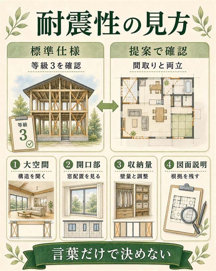 耐震性能を標準仕様と提案確認に分けた図解
