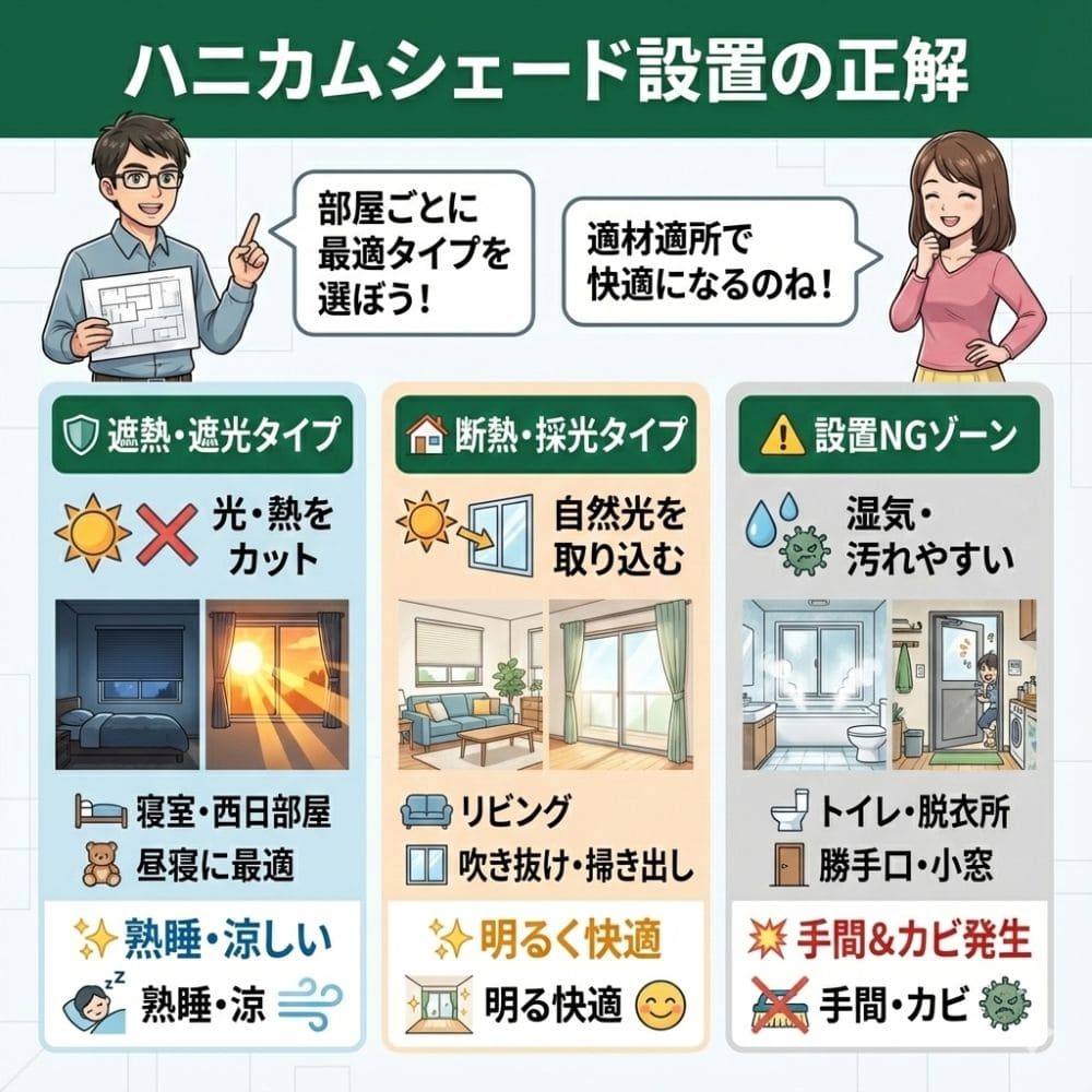 一条工務店のハニカムシェード設置場所別おすすめ・注意点図解