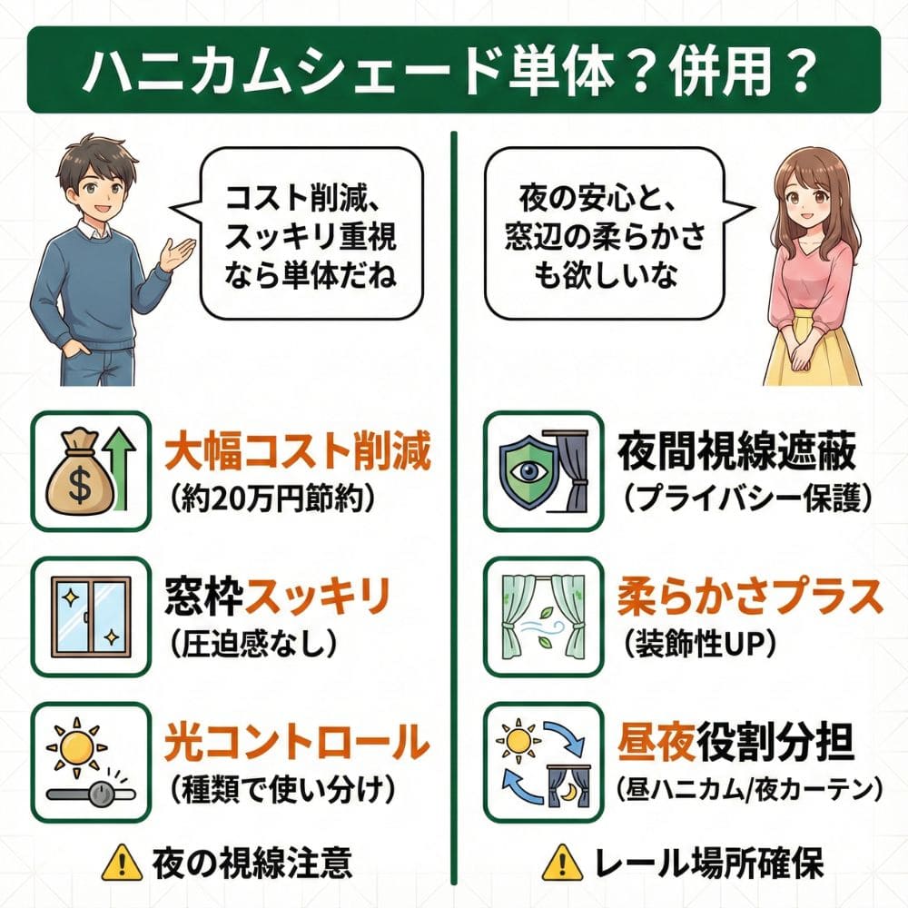 一条工務店のハニカムシェード、単体・併用のメリット比較図。