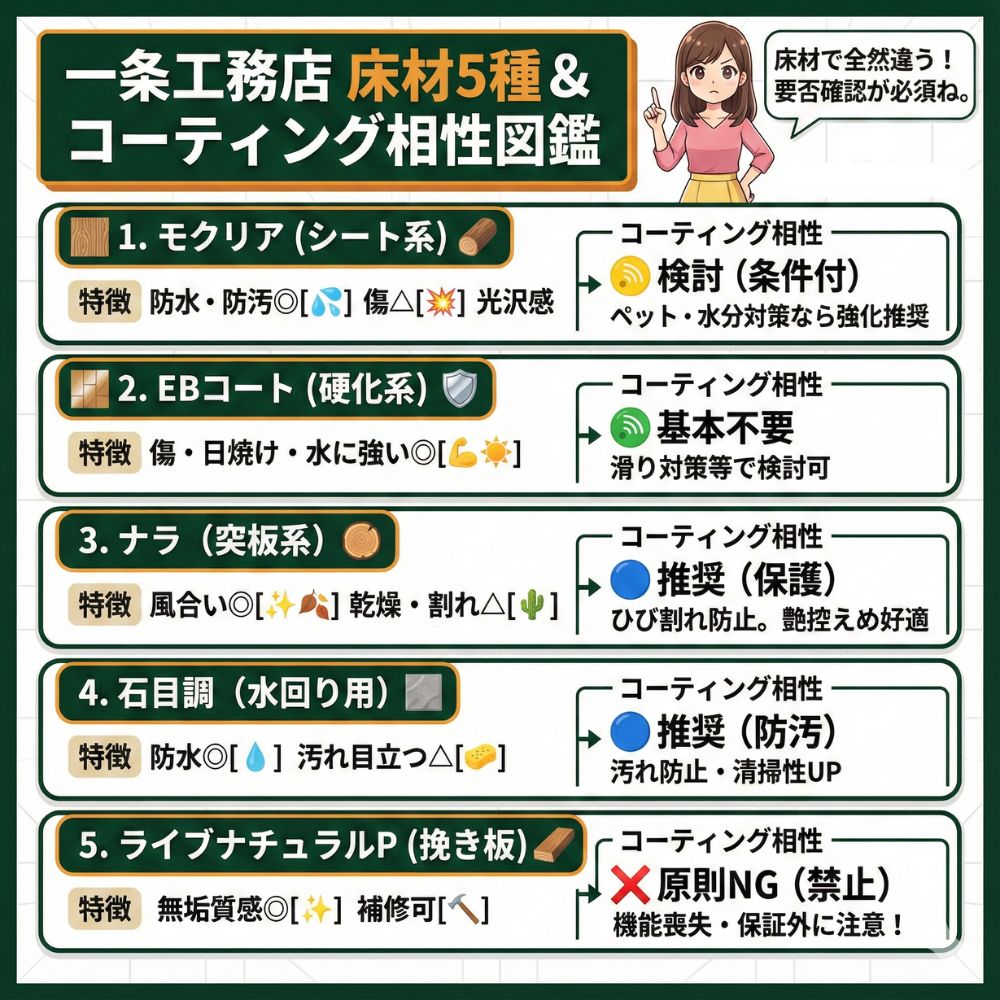 一条工務店の床材5種とコーティング相性を比較した図解