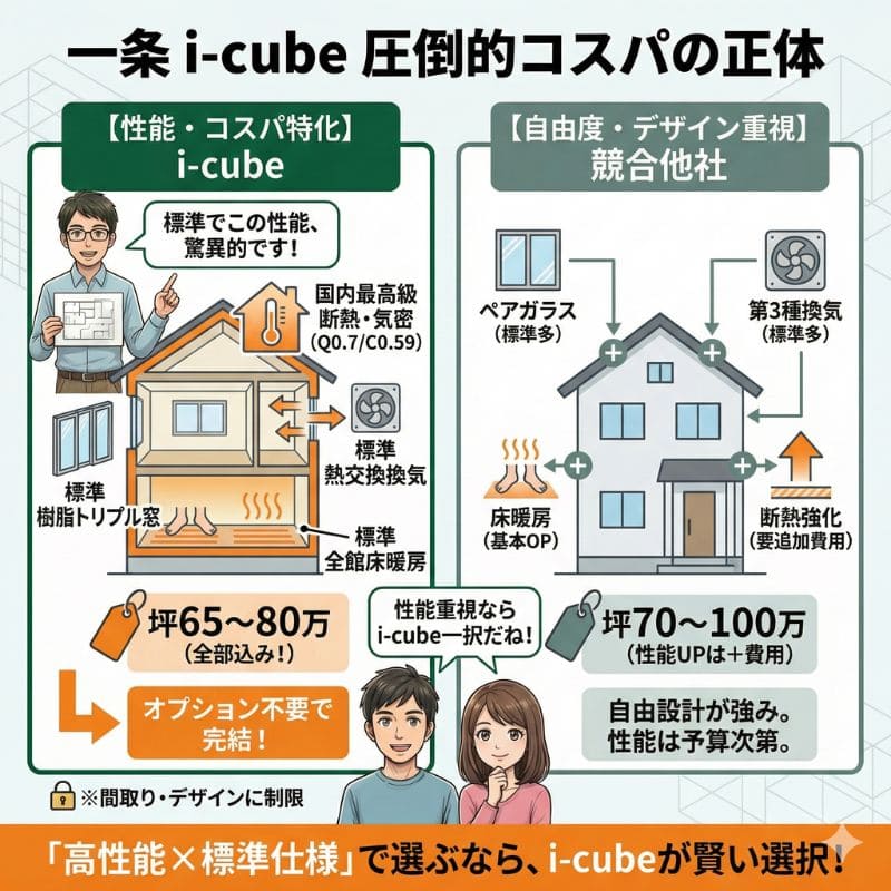 一条工務店i-cubeの標準性能とコスパを競合比較した図解