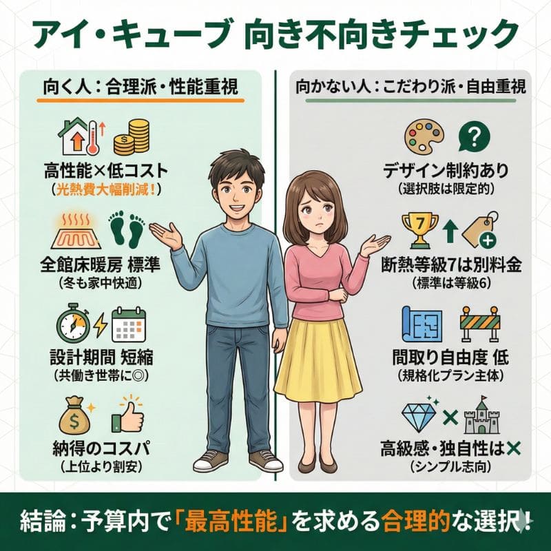 一条工務店アイ・キューブの向き不向きを比較した図