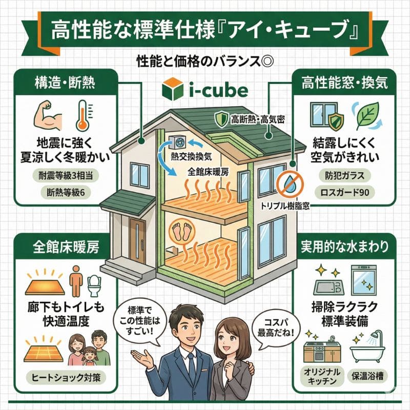 一条工務店アイ・キューブ標準仕様の高性能を解説した図