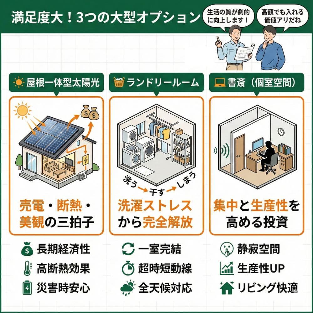 一条工務店の高満足オプション3選(太陽光、ランドリー、書斎)