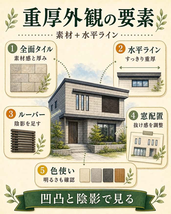 全面タイルと水平ラインで外観要素を整理した図解