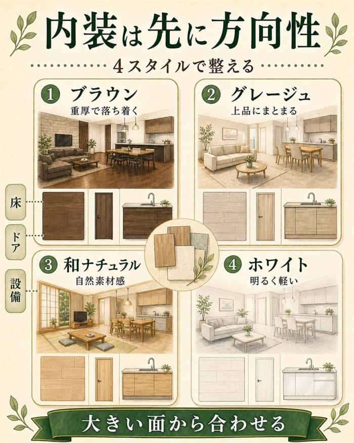 4つの内装スタイルと設備の整え方を示す図解