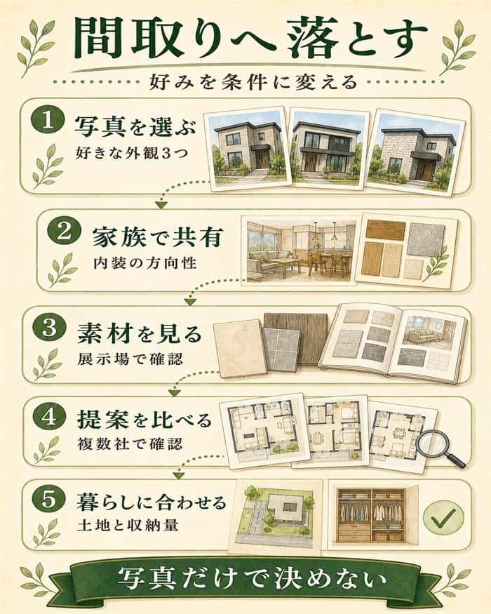 外観内装イメージを間取り提案へ進める手順図