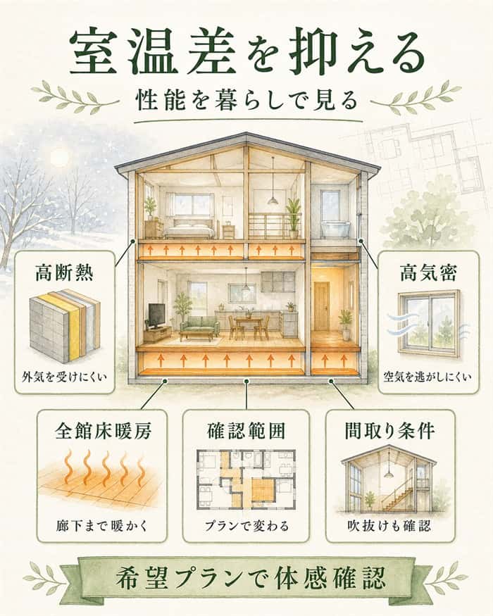 室温差を抑える性能と床暖房の内訳図