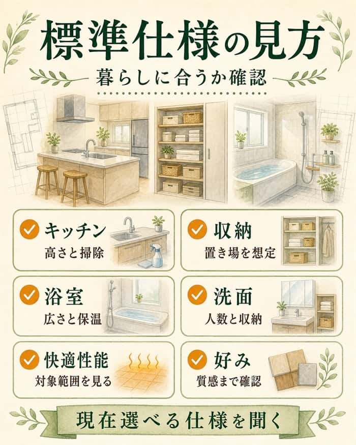 標準仕様を暮らしの使いやすさで見るチェック表