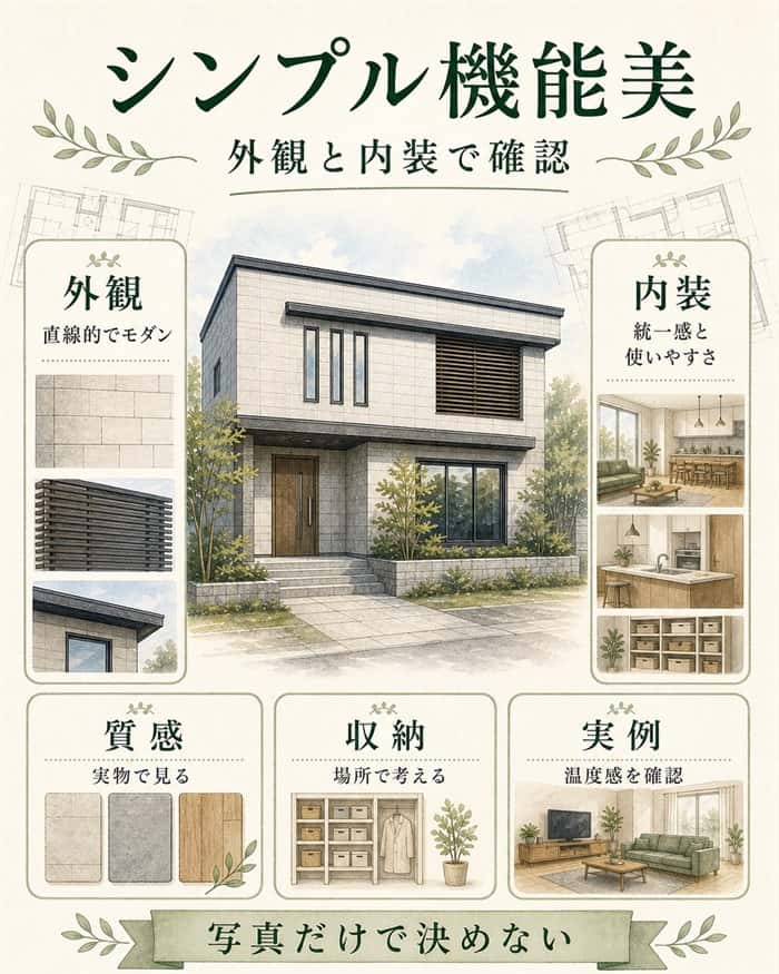 シンプルモダンな外観と内装の確認図