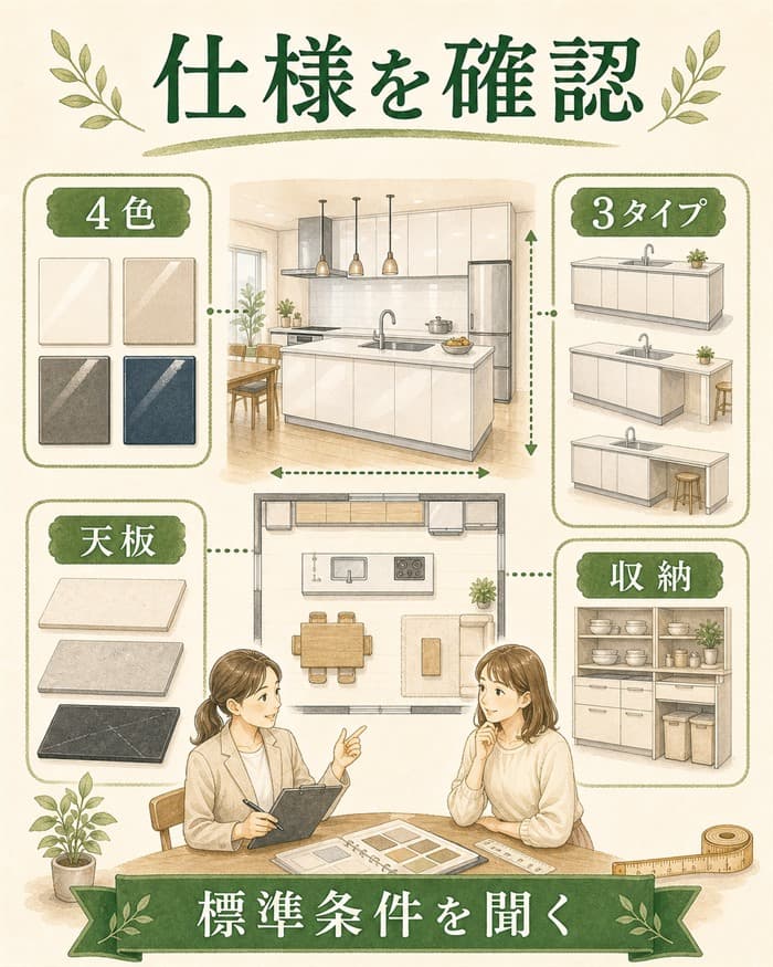 スマートキッチンの色やタイプや天板を標準条件で確認する図解