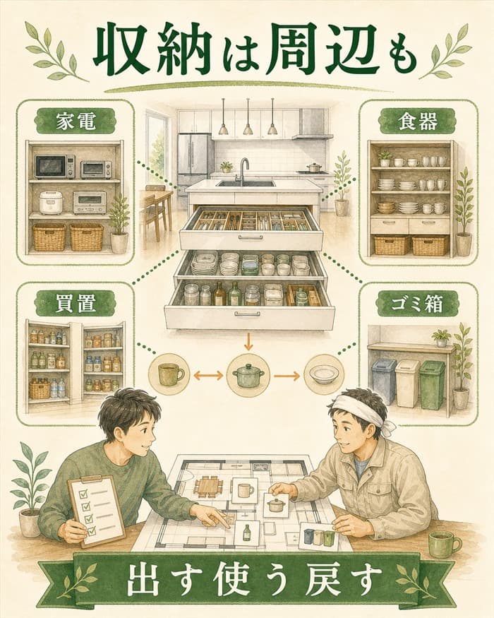 家電や買い置きまで含めてスマートキッチン周辺収納を考える図