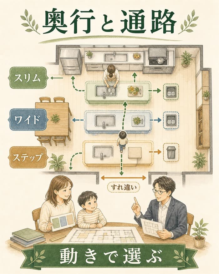 カウンター奥行きと通路幅から家事動線を確認する図解