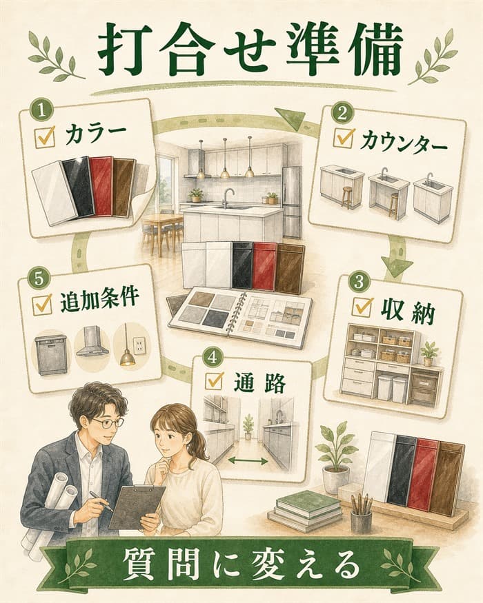 カラーや収納や追加条件を打ち合わせ前の質問に変える図