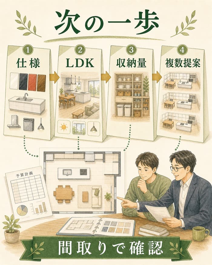 スマートキッチンの仕様を間取りや収納量で確認する手順図
