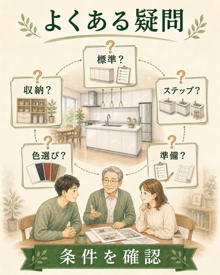 標準仕様やステップカウンターなどの疑問を整理するFAQ図