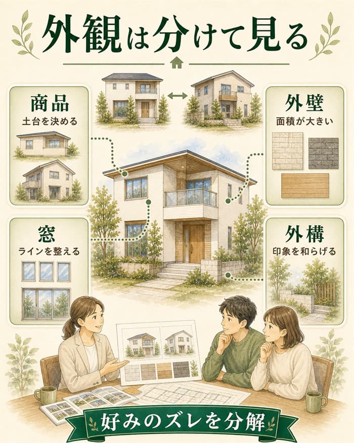 一条工務店の外観を商品や窓で分解する図解