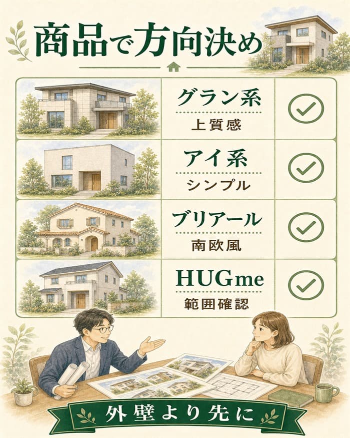 商品ラインごとの外観方向を比べる住宅図解