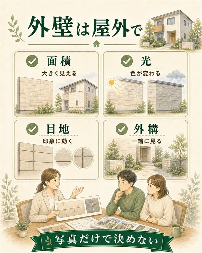 外壁タイル色を屋外条件で確認するチェック図解