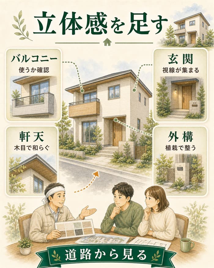 玄関や外構で外観に立体感を足す要素図解