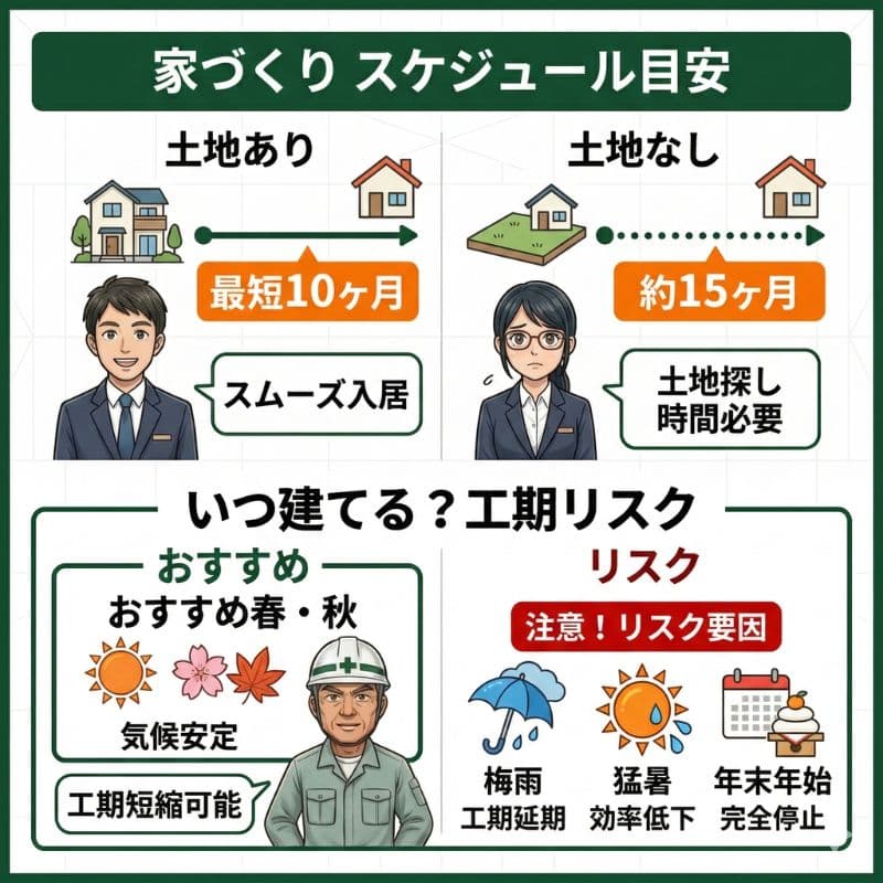 土地有無別の家づくり目安、おすすめの春・秋、工期リスク。