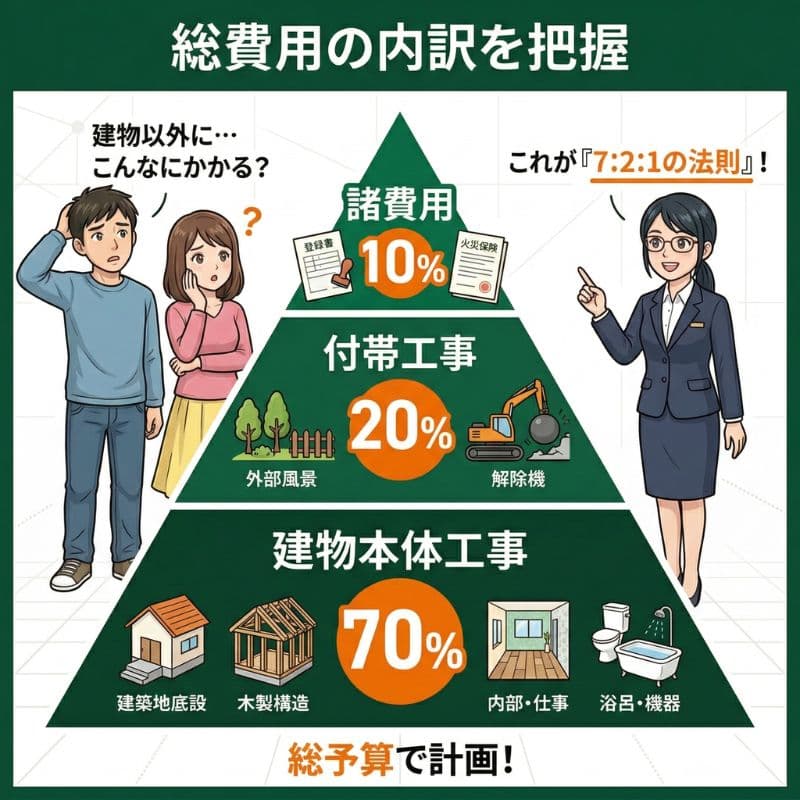 家づくり総費用内訳ピラミッド（7:2:1の法則）を解説。