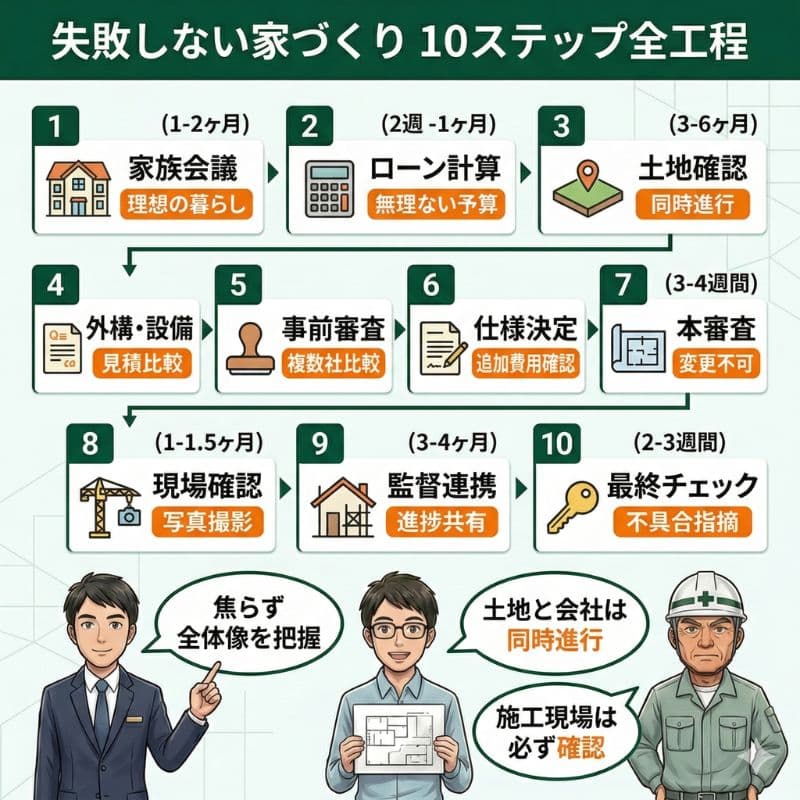 失敗しない家づくり10ステップをアイコンと図で分かりやすく解説。