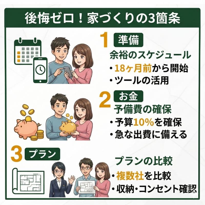 家づくりで後悔しないための3つのポイント（準備、お金、プラン）。