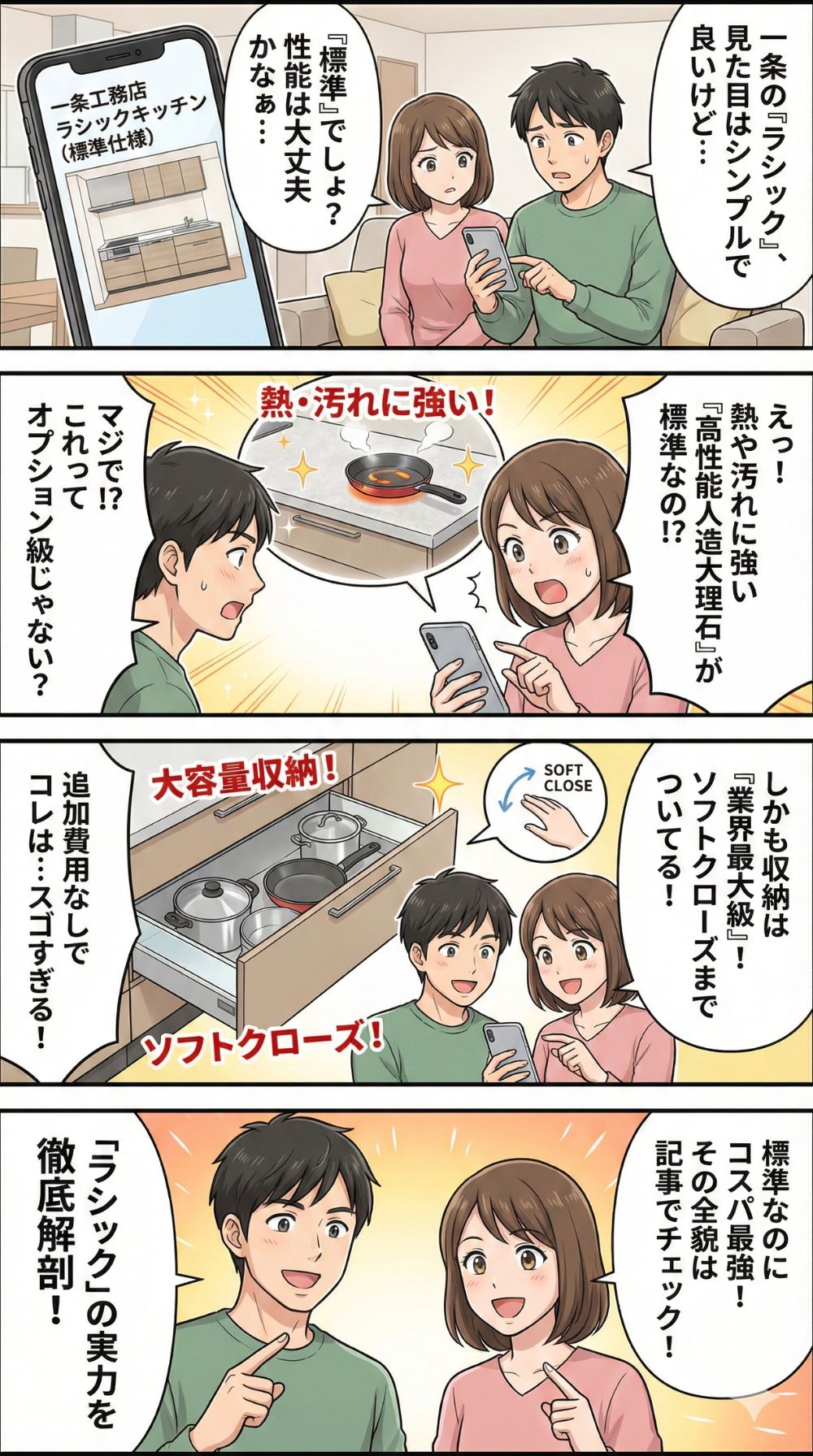 一条工務店の標準仕様「ラシックキッチン」の高性能さに驚き、記事への興味を促す夫婦を描いた4コマ漫画