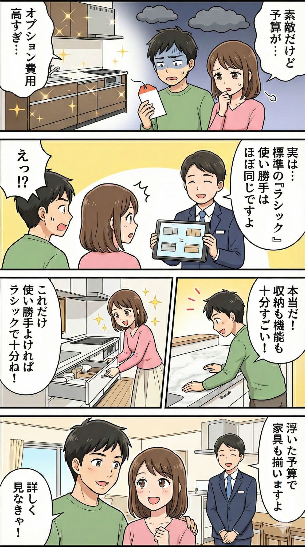 オプションキッチン高すぎ…標準「ラシック」で十分！予算が浮いて大満足な夫婦の4コマ漫画