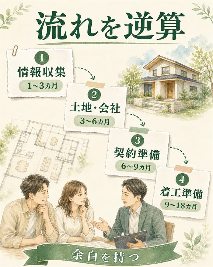 注文住宅の全体工程を入居時期から逆算する図解