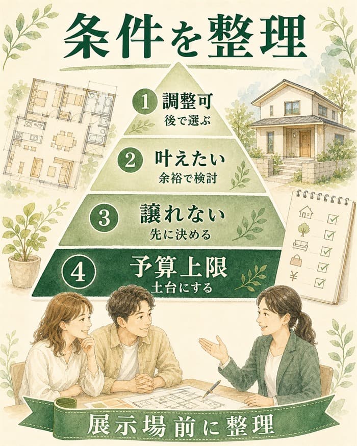 予算上限と希望条件を優先順位で整理する住宅図解