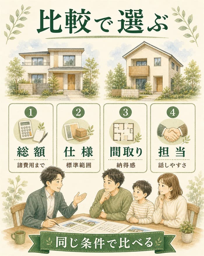 住宅会社を総額や仕様など同じ条件で比較する図解