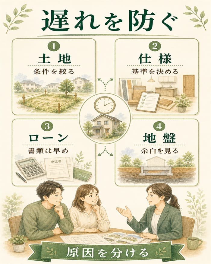 土地や仕様など予定が延びる原因を分けた図解